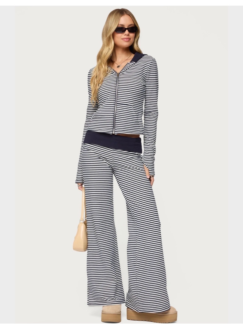 Edikted Meggy Striped Foldover Navy & White Wide Leg Lounge Pants